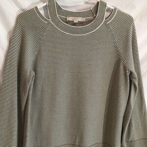 LOFT | Olive Ivory Stripe Cotton Long Sleeve Knit Top Open Neckline | S